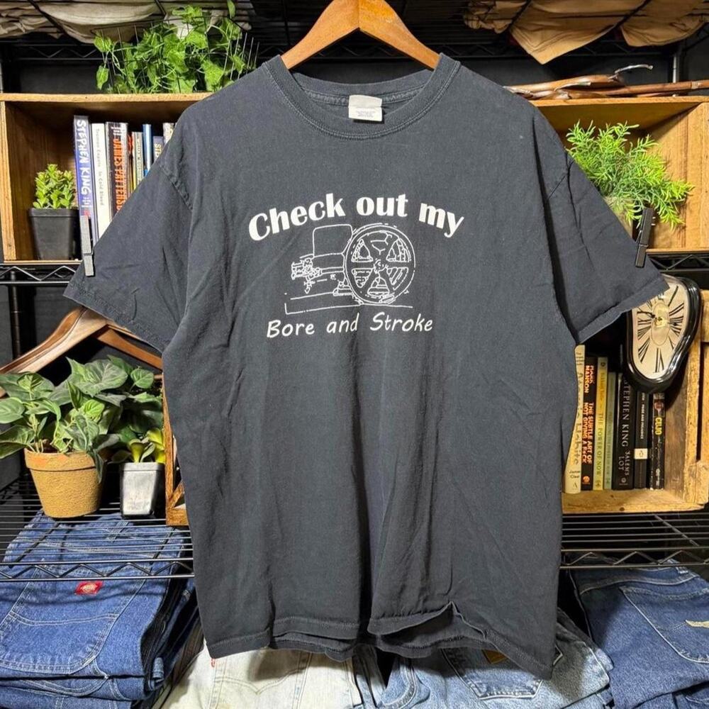 Vintage Y2K "Check Out My Bored and Stroke" Tee Faded Black Funny Joke Shirt XL